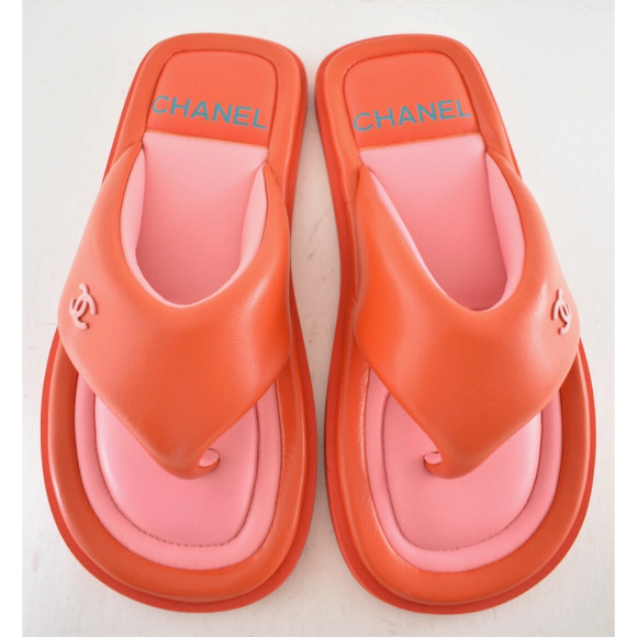 Chanel 22P Pink Red Lambskin Padded Pool Thong Logo Mule Slide Flat Sandal 37 - Picture 7 of 16
